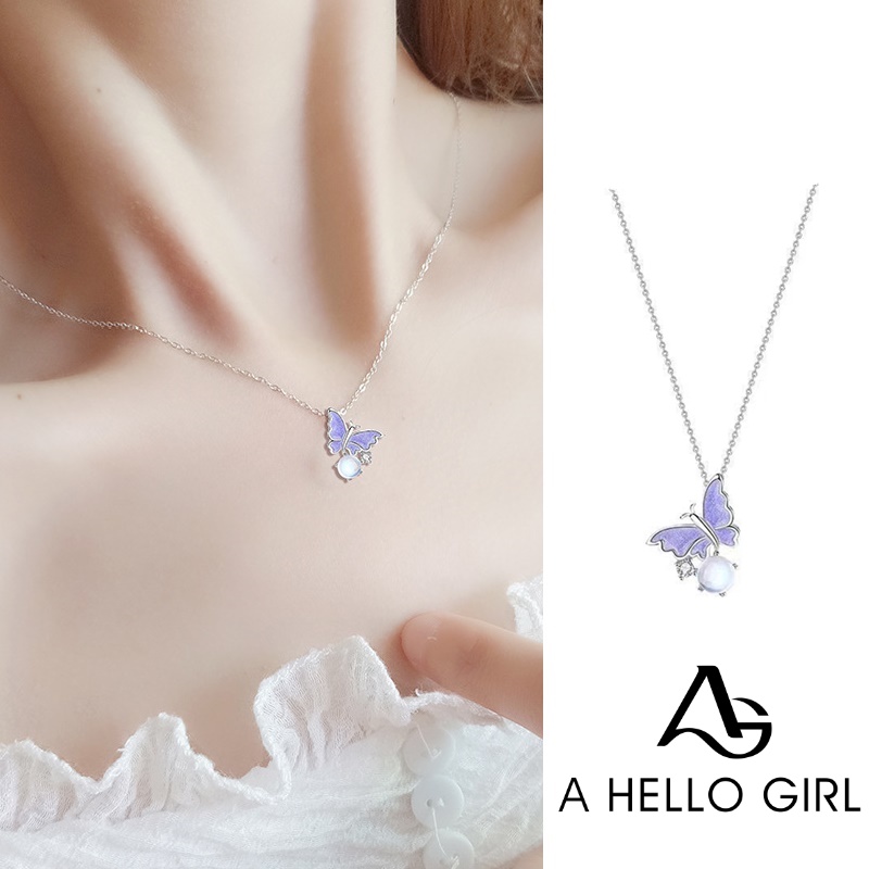 Ins Bubble Butterfly Necklace Kalung Liontin Opal Zircon Kupu-Kupu Ungu Korea Untuk Wanita