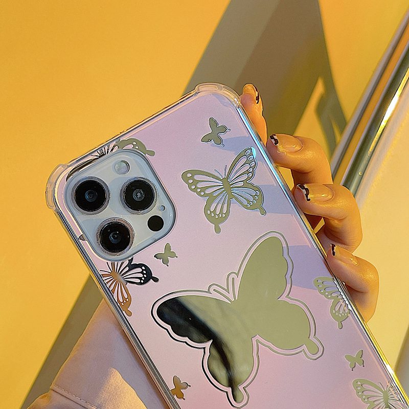 【Shock Proof Mirror】Silicone Soft Case Iphone 6S 7 8 Plus X XR XS Max IPhone 11 12 13 14 Pro Max 14 Plus 7+ 8+ 12 13 mini for Women Girl Ins Pink butterfly