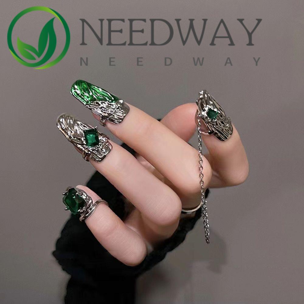 Needway   Armor Cincin Tidak Teratur Retro Ujung Jari Cincin Perhiasan Kuku Wanita Paduan Hijau Pembukaan Nail Ring