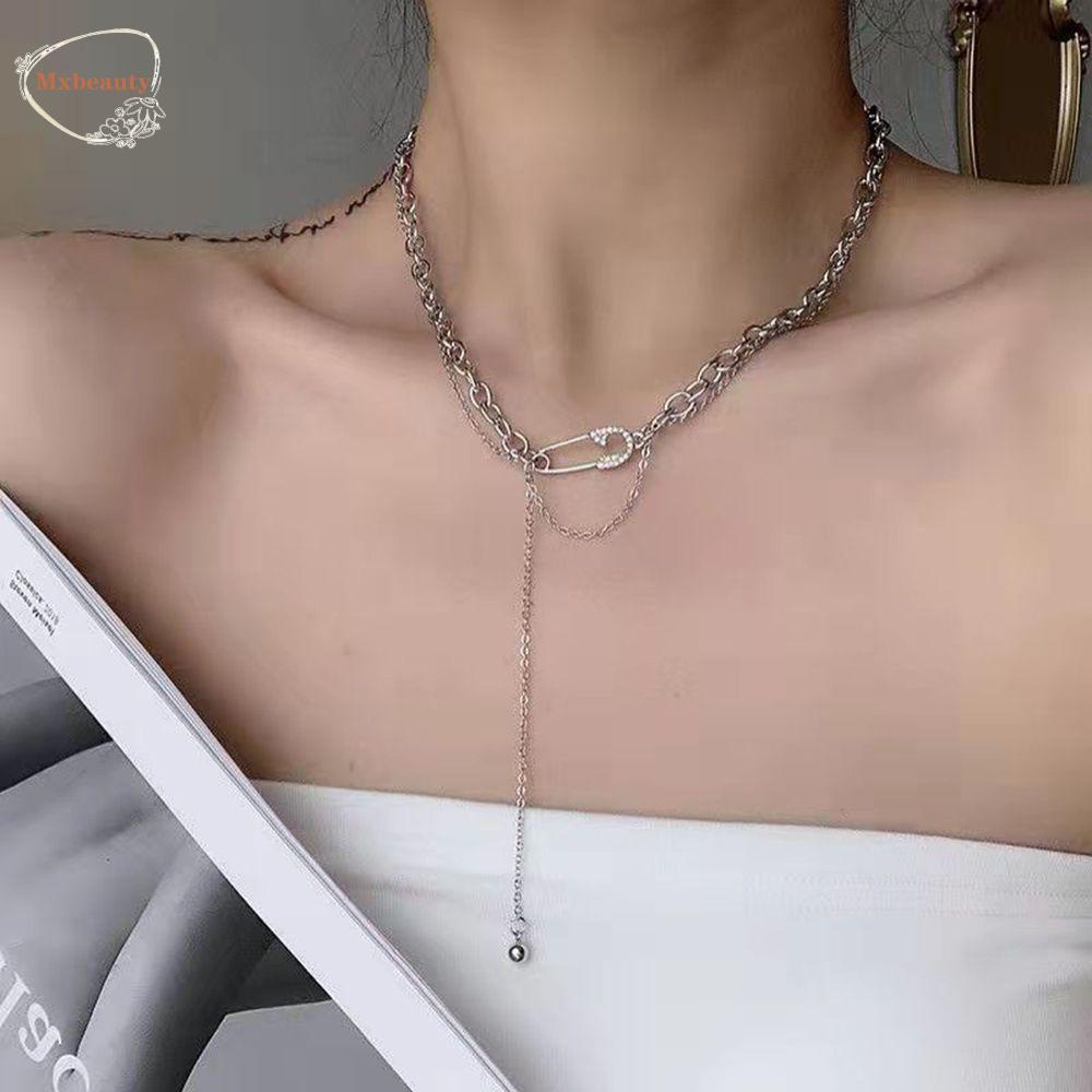Mxbeauty Pin Kalung Elegan Keren Hadiah Sederhana Perempuan Gadis Double-layer Kristal Rantai Klavikula