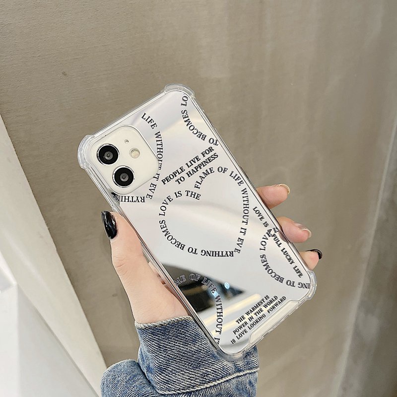 【Anti Fall Mirror】Pretty Silver Makeup Silicone Soft Case Iphone 6S 7 8 Plus X XR XS Max IPhone 11 12 13 14 Pro Max 14 Plus 7+ 8+ 12 13 mini for Women Girl Ins English Love