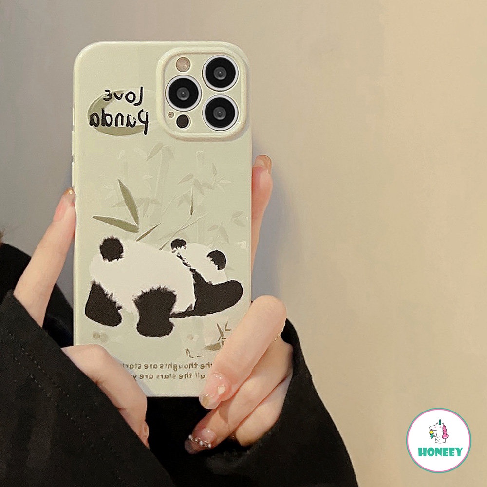 IPHONE Casing Ponsel Lukisan Minyak Bambu Hijau Panda Lucu Untuk Iphone14 13 12 11 Pro Max14 Plus Case Sweet Gloss Shockproof Soft Cover