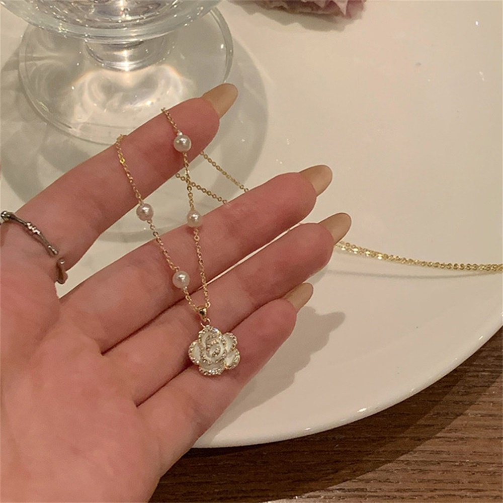 Kalung Rantai Mutiara Charm Camellia Gaya Perancis Untuk Perhiasan Wanita Perempuan