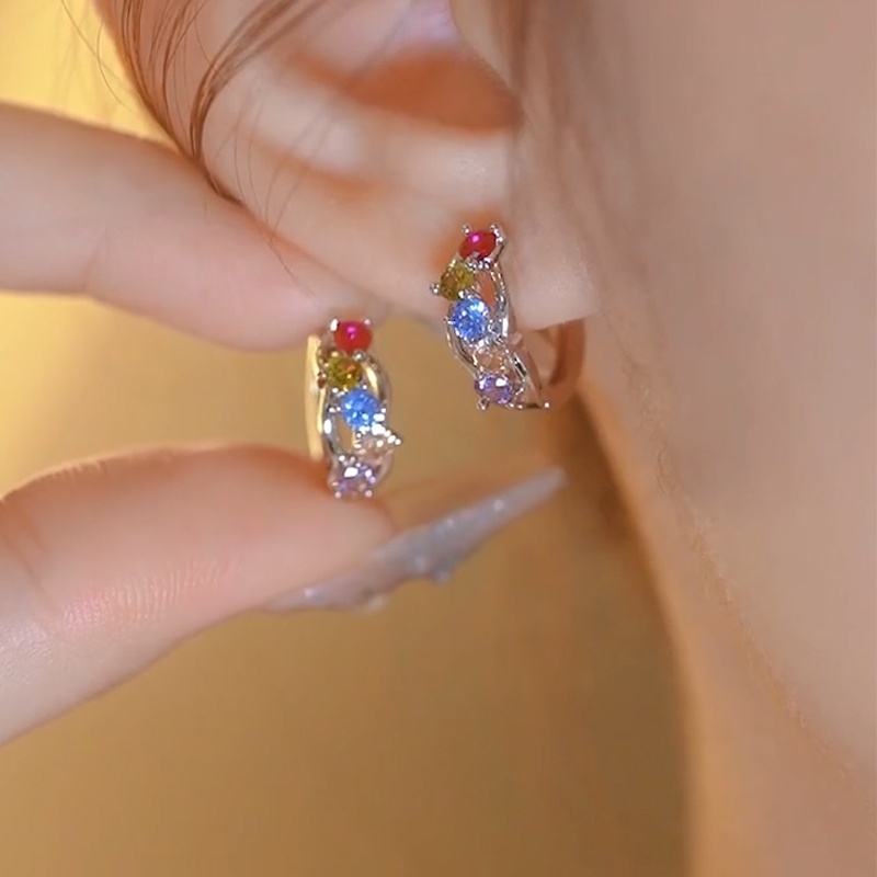 Papaozhu Chic S925 Perak Warna-Warni Bersinar Zirkon Anting Hoop Untuk Wanita Gadis Mewah Berkilau Berlian Imitasi Anting-Anting Trendi Telinga Perhiasan Hadiah Yang Sempurna