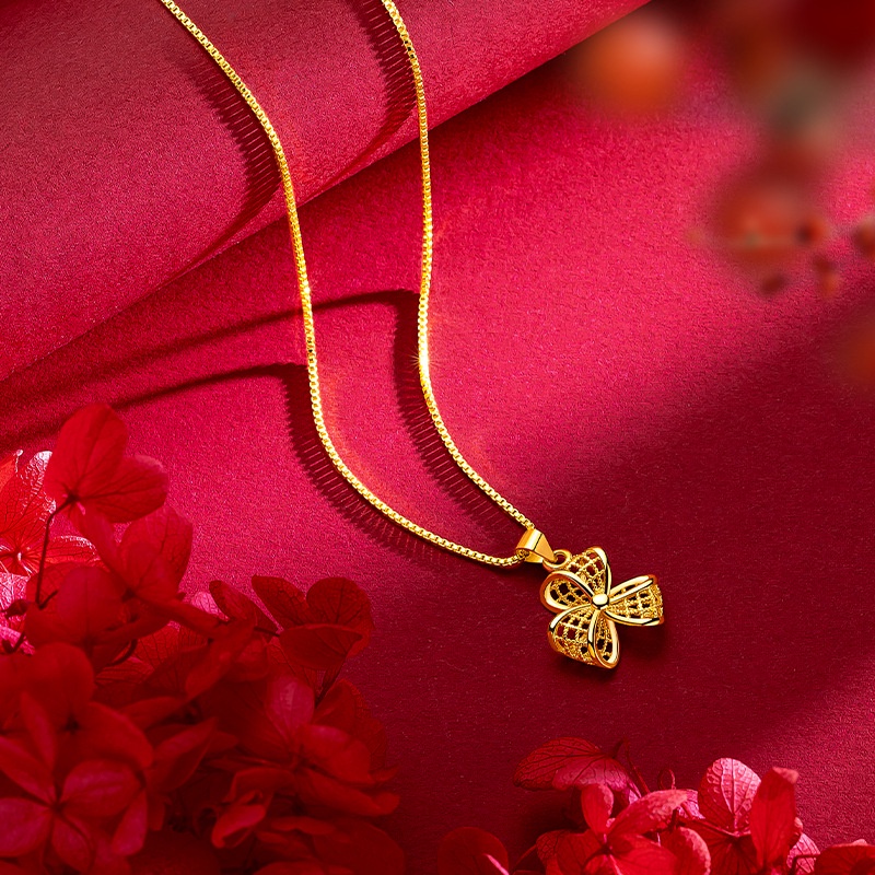 Goldkingdom Fashion Perhiasan 24 K Bangkok Aksesoris Ready Stock Manis Kincir Angin Liontin Berlapis Emas Wanita Berongga Tiga Kelopak Rumput Kincir Kalung