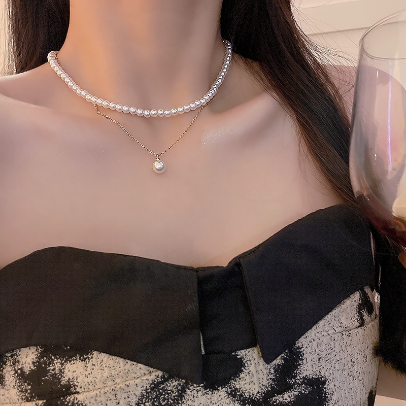 Kalung Manik-Manik Mutiara Lapis Ganda Choker Rantai Liontin Emas Untuk Aksesoris Perhiasan Wanita