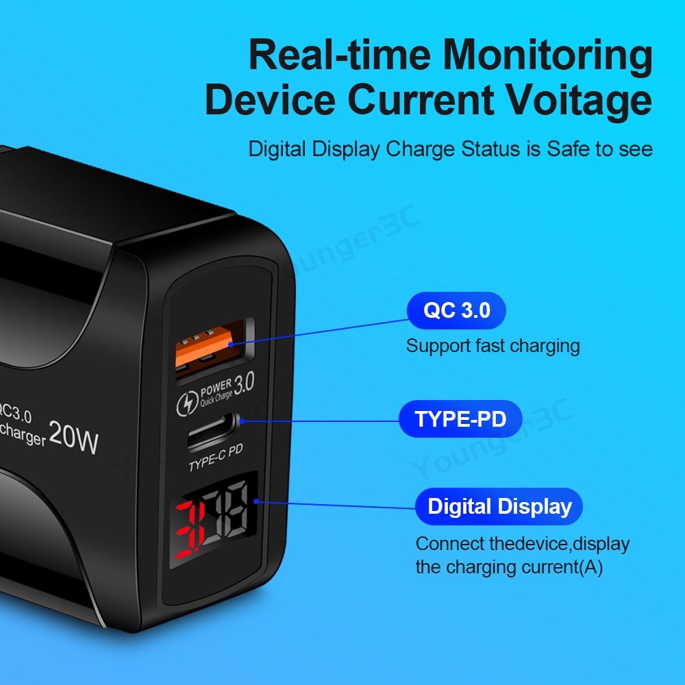 20wpd+qc Digital Display Fast Charging Charger QC3.0 Dual Port LED Charging Adapter Pengisian Cepat Charger Travel Untuk ios Android Tipe C