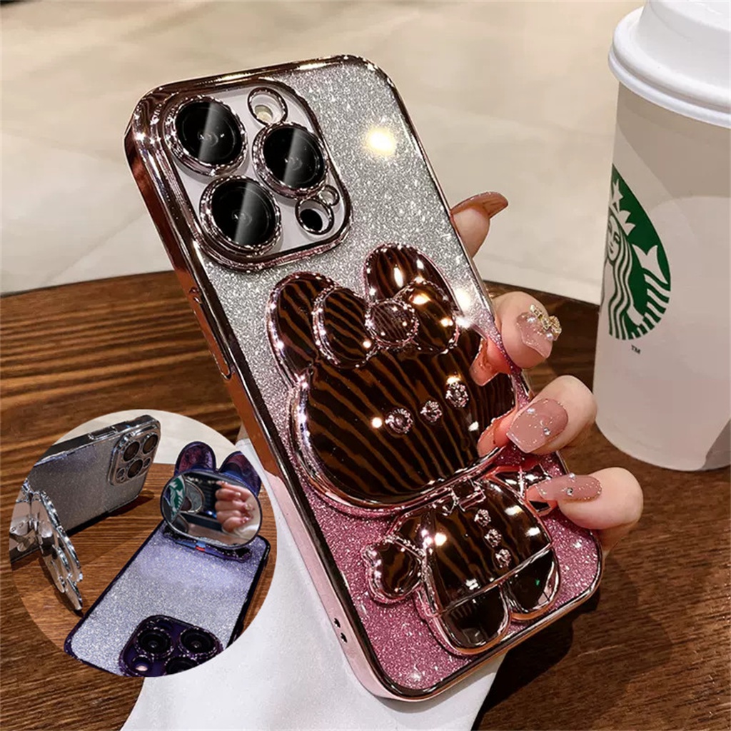 Casing Lensa Perlindungan Kamera Mewah iPhone 14 Pro Max Plus Case iPhone 12 13 Pro Max 11 Pro Max Case Dengan stand Lucu Kartun Cermin Perlindungan shock TPU Lembut Penutup Belakang