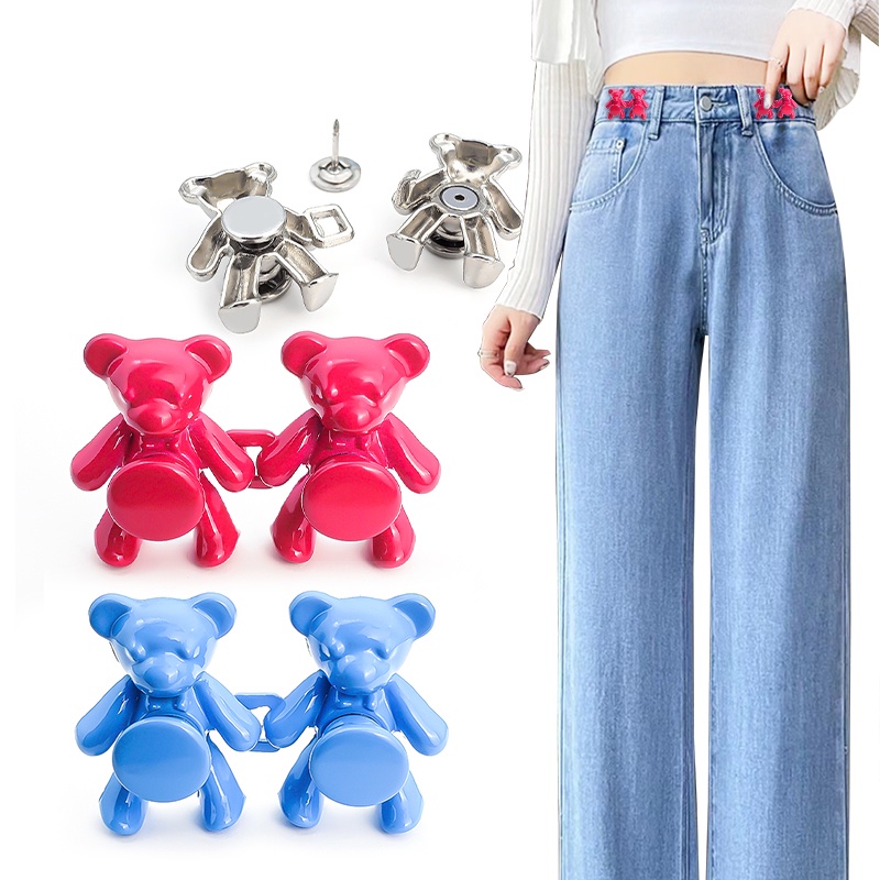 [HOT Sale] Bebas Paku Pinggang Kancing Gesper Extender Dilepas Adjustable Pant Jeans Invisible Tighten Cute Untuk Wanita Rok 2Pcs Metal Aksesoris Pakaian Beruang Pinggang Klip