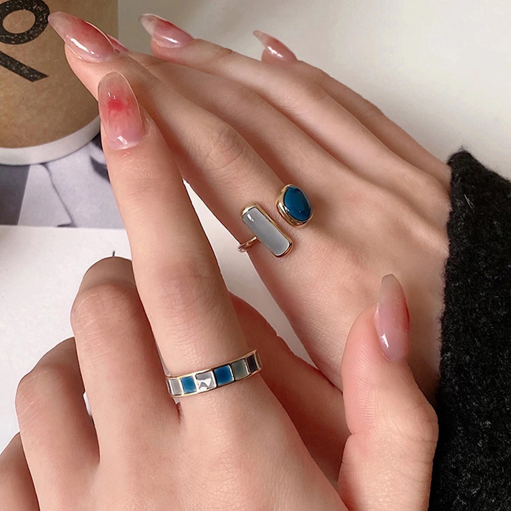 1pc Hijau Biru Vintage Geometris Wanita Cincin Jari Pembukaan Perhiasan Hadiah Untuk Wanita Elegan