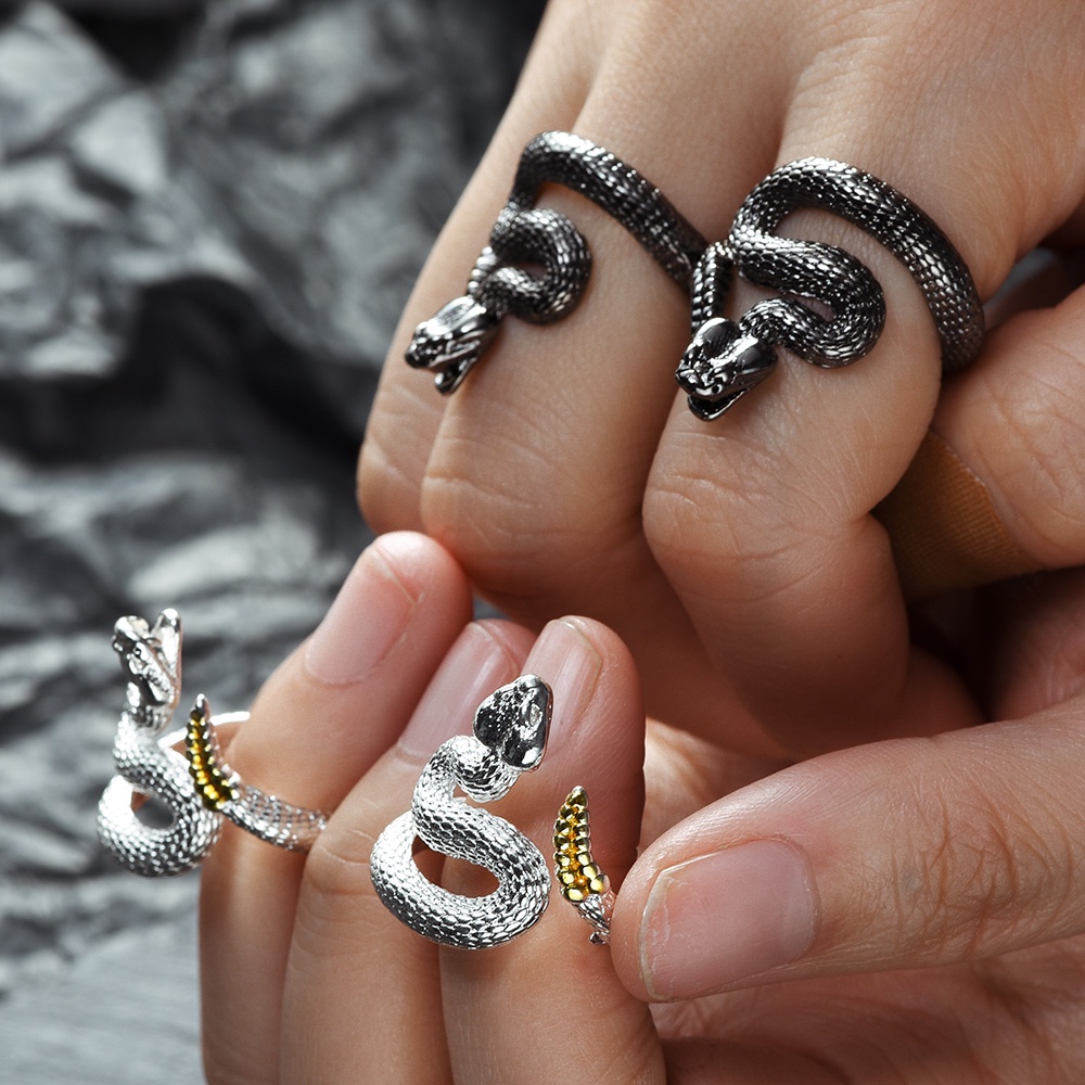 Gothic Rattlesnake Pasangan Adjustable Rings/Wanita Pria Vintage Bentuk Ular Jari Rings Punk Pesta Perhiasan