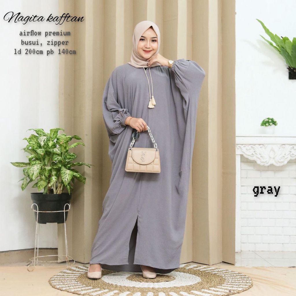 Nagita Kaftan Wanita Jumbo Crinkle Airflow Premium Gamis Terbaru Polos Bigsize Baju Wanita Muslim Kekinian LD 200 cm