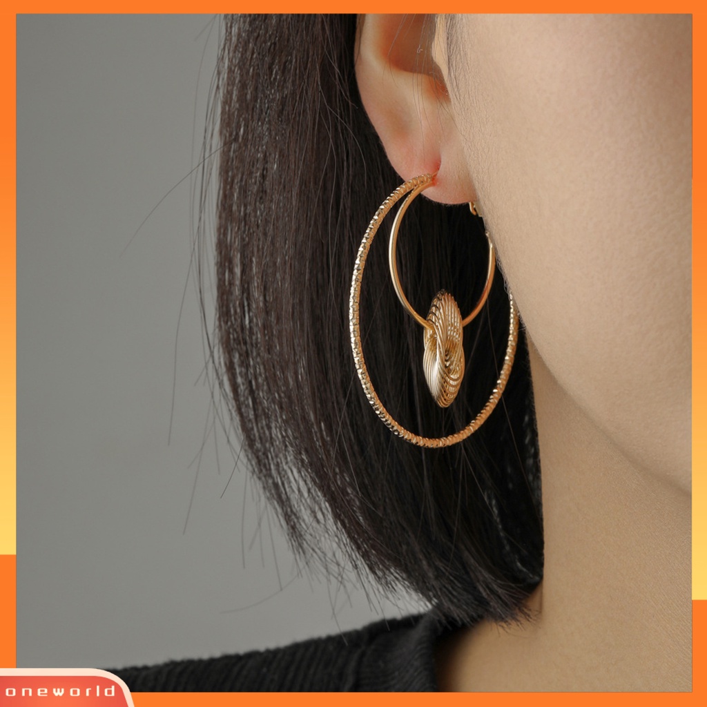 [EONE] 1pasang Anting Hoop Double-layer Berlebihan Kepribadian Geometris Berongga Logam Lingkaran Anting Perhiasan Fashion