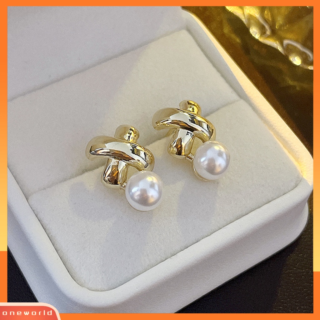 [EONE] 1pasang Ear Studs Electroplating Golden Cross X Shape Geometris Elegan Mini High Gloss Mutiara Imitasi Wanita Anting Fashion Perhiasan