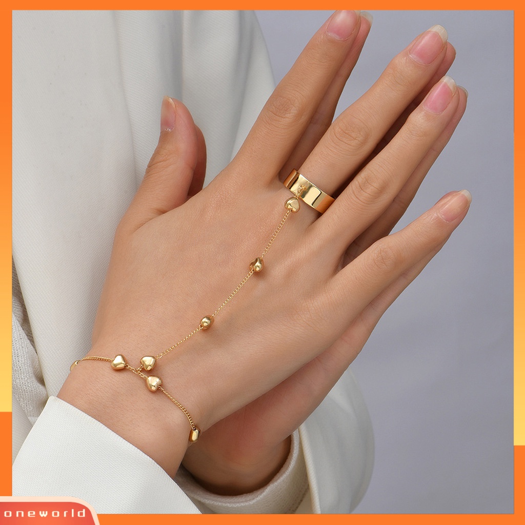 [EONE] Wanita Cincin Gelang Set Warna Solid Paduan Kokoh Bentuk Hati Cincin Tangan Rantai Set Prom Perhiasan