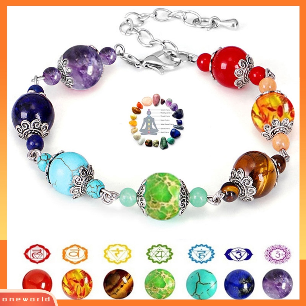 [EONE] Gelang Manik-Manik 7 Chakra Warna-Warni Manik-Manik Adjustable Hias Doa Keseimbangan Buatan Tangan Wanita Alami Batu Imitasi Penyembuhan Bangle Perhiasan Hadiah