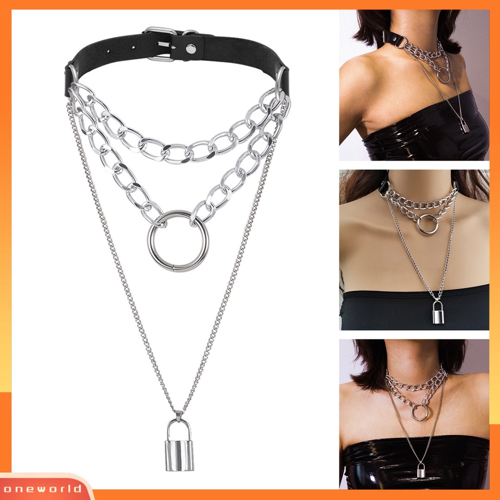 [EONE] Wanita Kalung Kulit Imitasi Patchwork Gaya Punk Multi Layers Bentuk Kunci Cosplay Liontin Perhiasan
