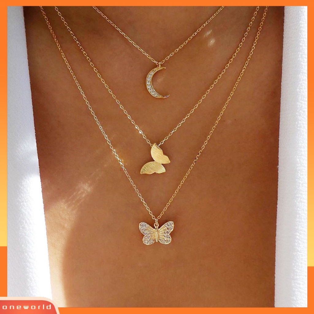 [EONE] Wanita Kalung Multi-layered Warna Solid Kokoh Stainless Colorfast Hias Anti Karat Bentuk Kupu-Kupu Adjustable Women Pendant Women Jewelry
