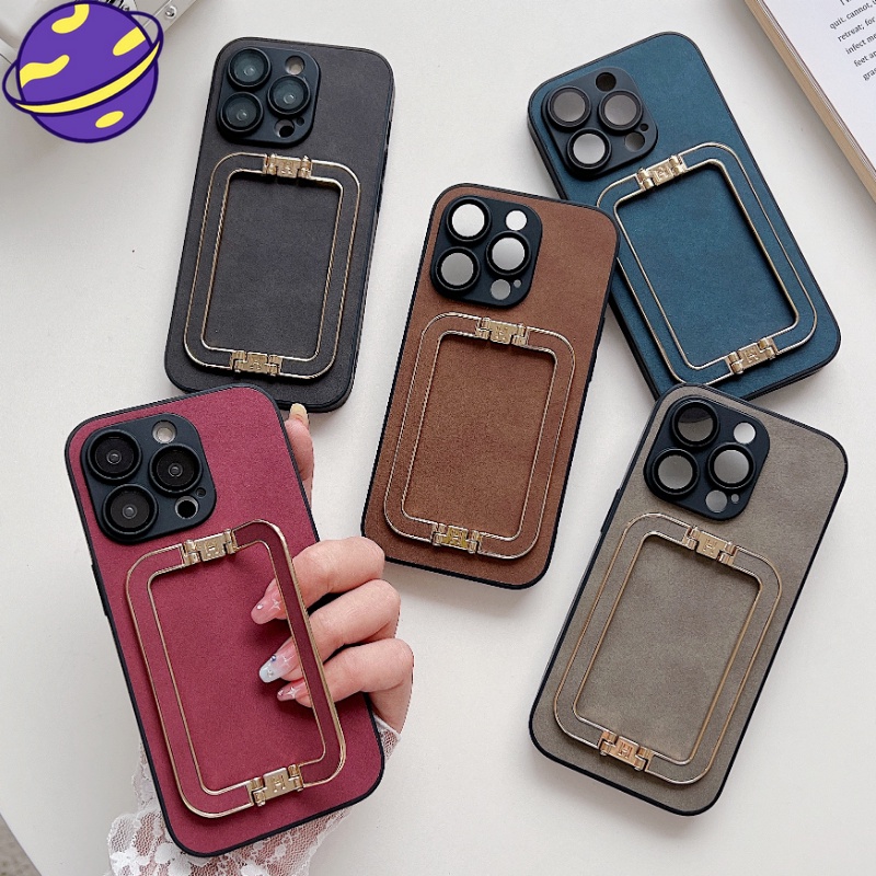 IPHONE Soft Casing Bracket Kulit Imitasi Vintage Cocok Untuk Iphone14 11 13 12 Pro Max 14Plus Full Lensa Anti Jatuh Protection Case