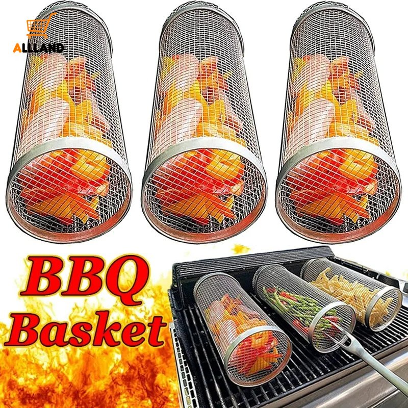 Keranjang BBQ Stainless Steel/Parutan Panggangan Anti Bocor Silinder/Perlengkapan Masak Barbekyu Piknik Outdoor