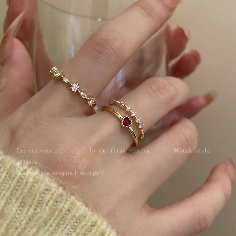 3pcs/set Retro Hati Permata Cincin Set Kristal Emas Cincin Untuk Aksesoris Perhiasan Wanita