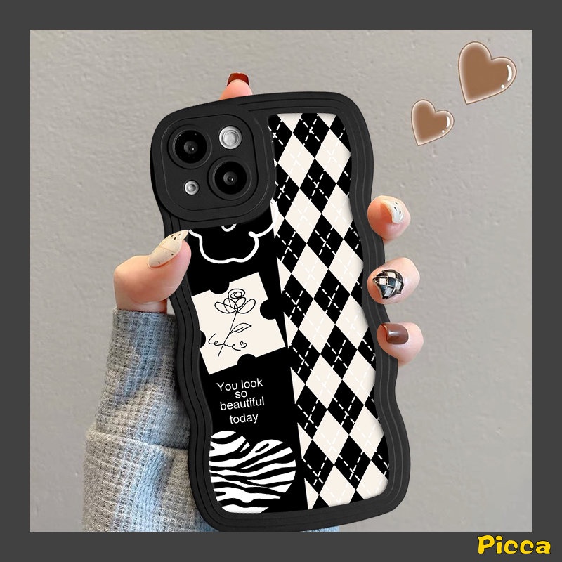 Casing Tepi Bergelombang Untuk Realme C53 C25 C25Y C11 C25s C3 C30 C15 C20 C55 C35 C12 C33 5 6i 8 5s 8i 10 5i 8Pro 9i 7 9 Pro+ 7i C20A C21Y C17 Romantic Art Bunga Berlian Kotak-Kotak Tpu Sarung