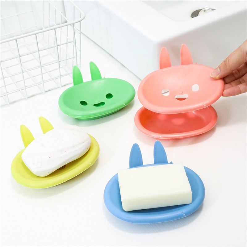 Kotak Sabun Kartun Kelinci Warna Random/Tempat Tiris Sabun Smiley Rabbit Double Layer/Nampan Penyimpanan Dapur Kamar Mandi