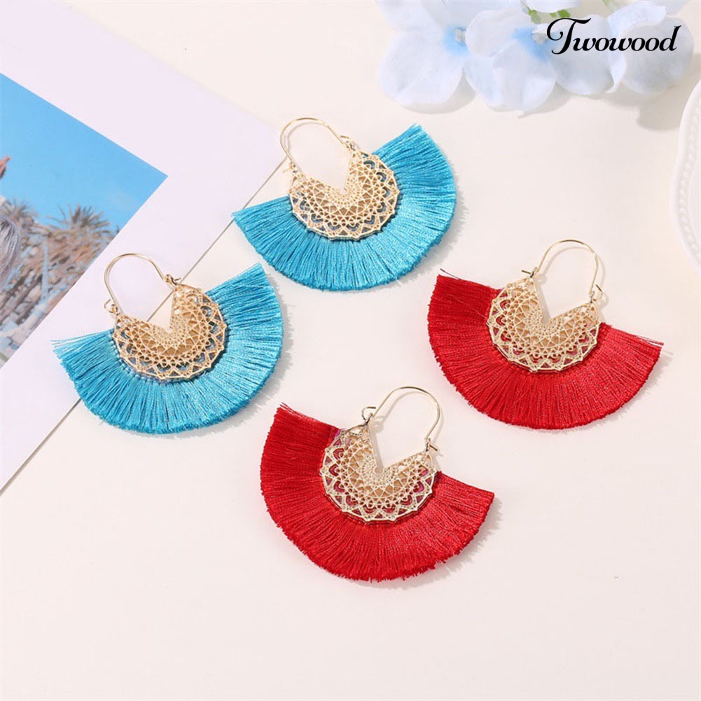 Twowood Bohemian Wanita Berbentuk Kipas Rumbai Pinggiran Bunga Menjuntai Drop Hoop Earrings Perhiasan