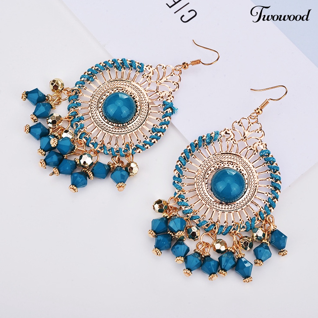 Twowood 1pasang Wanita Anting Kait Warna-Warni Etnik Anti-Cacat Gaya Bohemia Rumbai Drop Earrings Perhiasan Perempuan