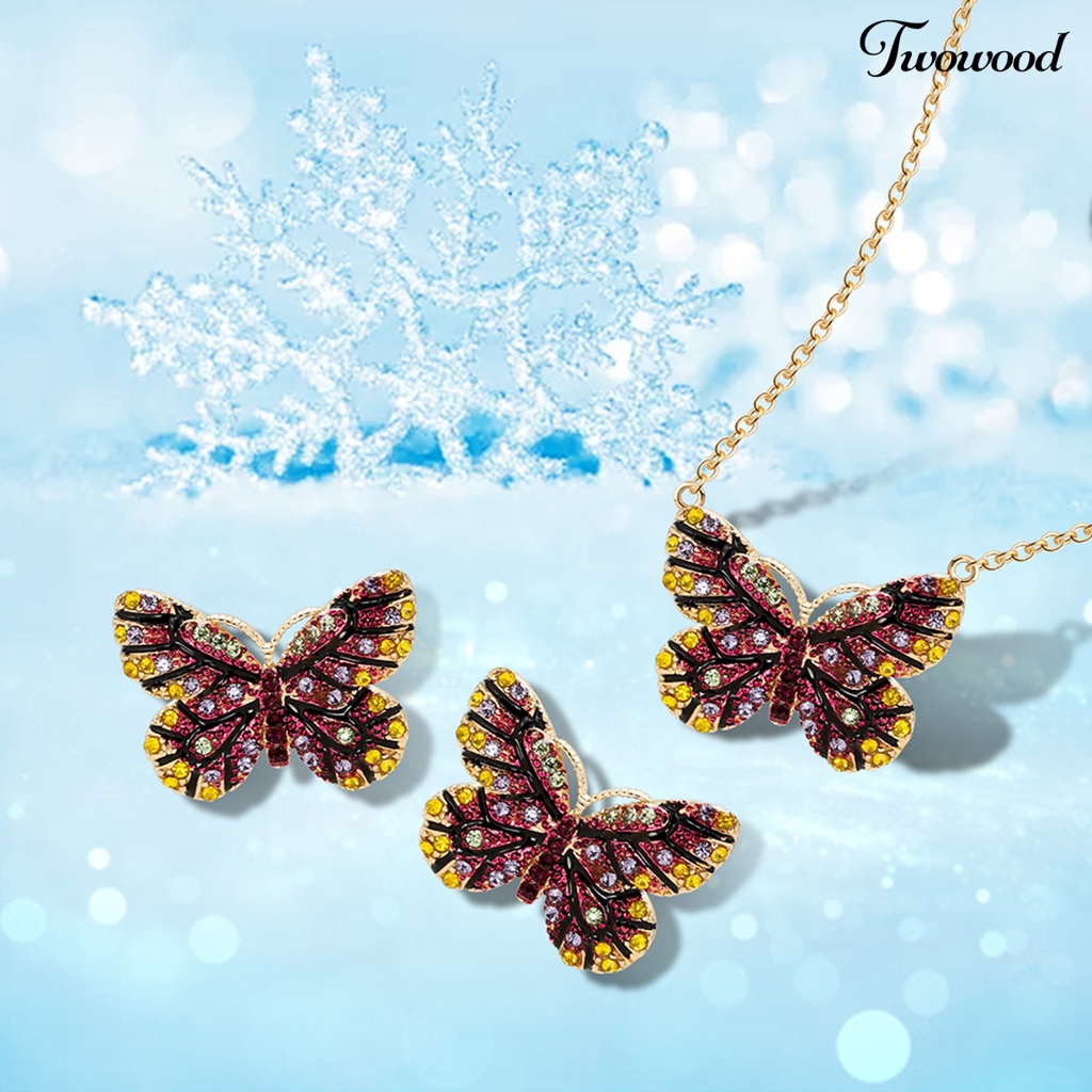 Twowood 1set Set Perhiasan Bersinar Kupu-Kupu Berbentuk Temperamen Menarik Kilau Terang Dekorasi Electroplating Lady Dress Leher Rantai Anting Wanita Aksesori