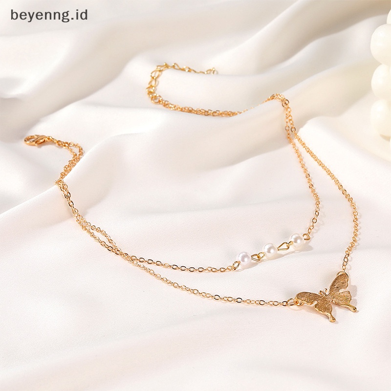 Beyen Fashion Kupu-Kupu Mutiara Liontin Kalung Klavikula Mutiara Rantai Berlapis Kalung ID