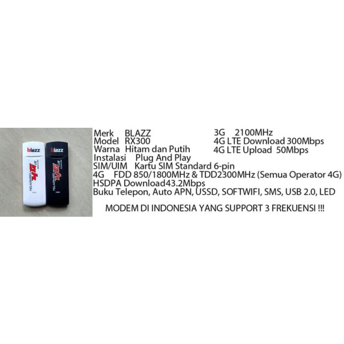 USB MODEM BLAZZ RX300 Speed 4G LTE UNLOCK (UNLOCK ALL OPERATORS GSM) - Hitam