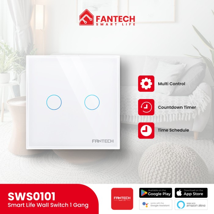 FANTECH Saklar Smart Life Wall Switch 2 Tombol Touch Wi-Fi - SWS0102 Skalar Lampu 2 GANG EU