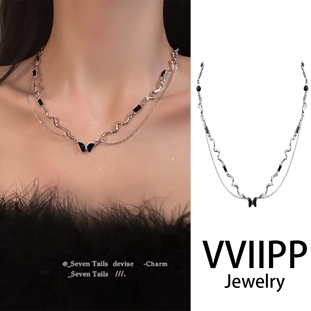 Kalung Kupu-Kupu Ganda Untuk Wanita Elegan Tidak Teratur Kerah Sliver Rantai Choker Aksesoris Perhiasan