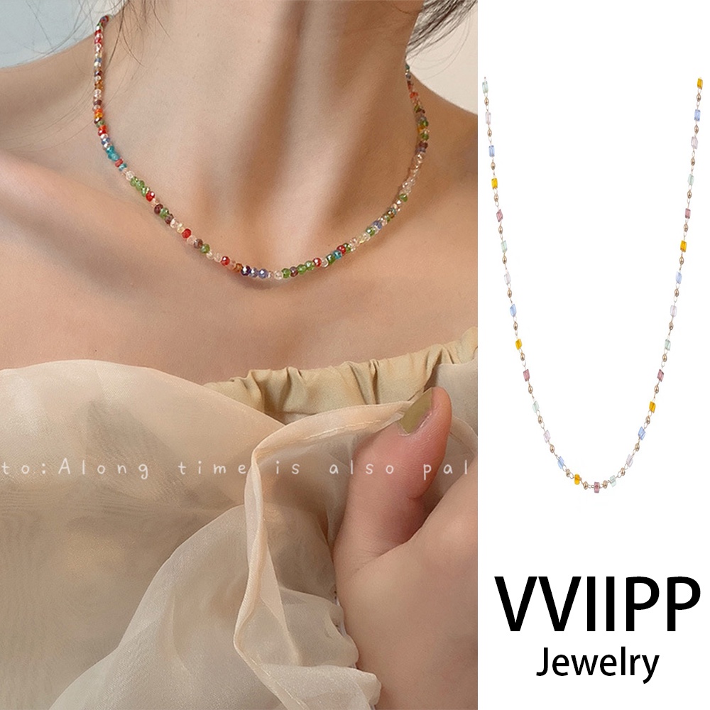 Kalung Manik-Manik Choker Rantai Emas Kristal Warna-Warni Untuk Perhiasan Aksesoris Wanita