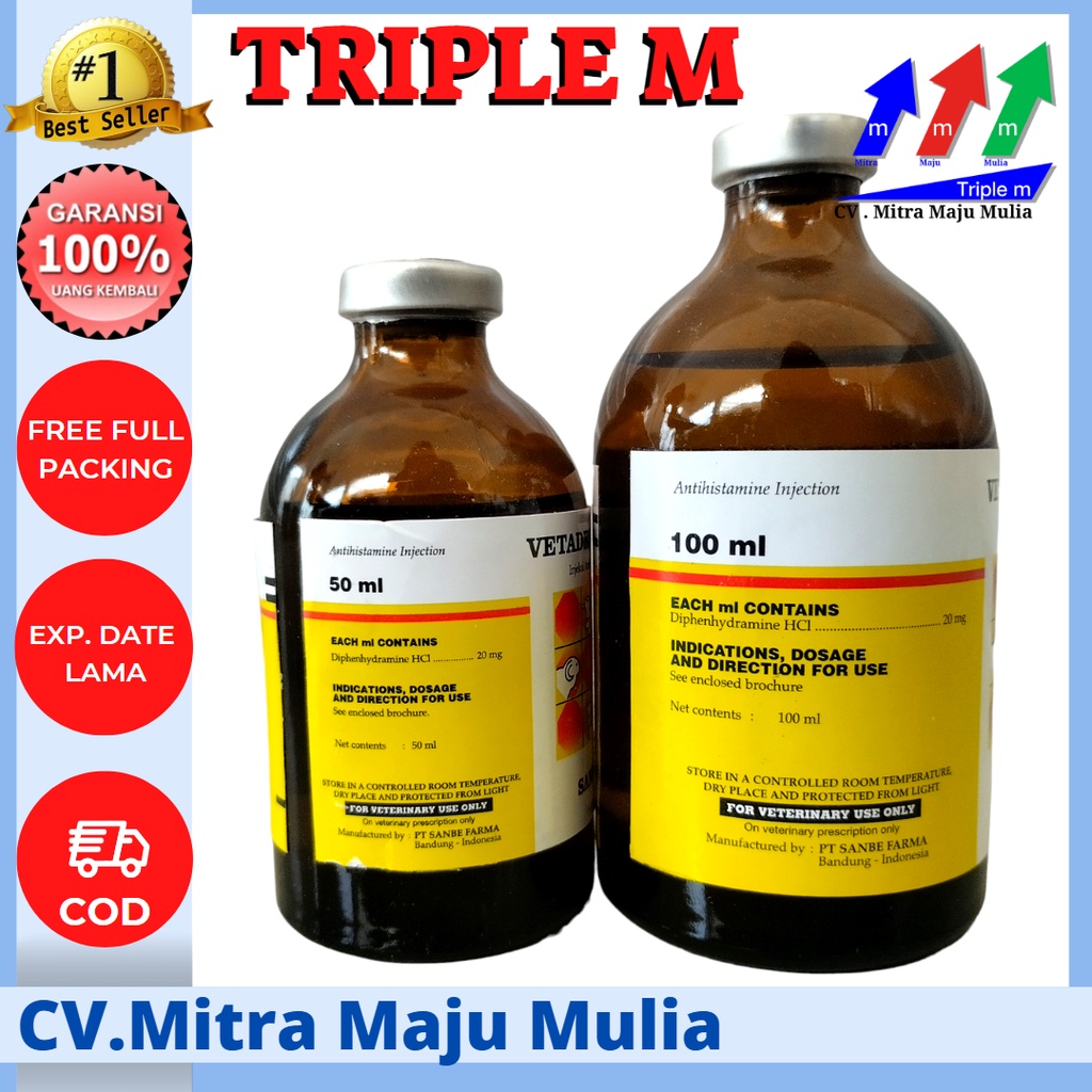 Vetadryl Injeksi 50 ml dan 100 ml Antihistamin Hewan Sapi Kuda dll PT Sanbe Farma