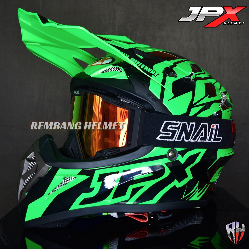 HELM JPX CROSS X12 FLUO GREEN GLOSS PAKET GANTENG GOOGLE SNAIL ORIGINAL, JPX HELMET OFFICIAL