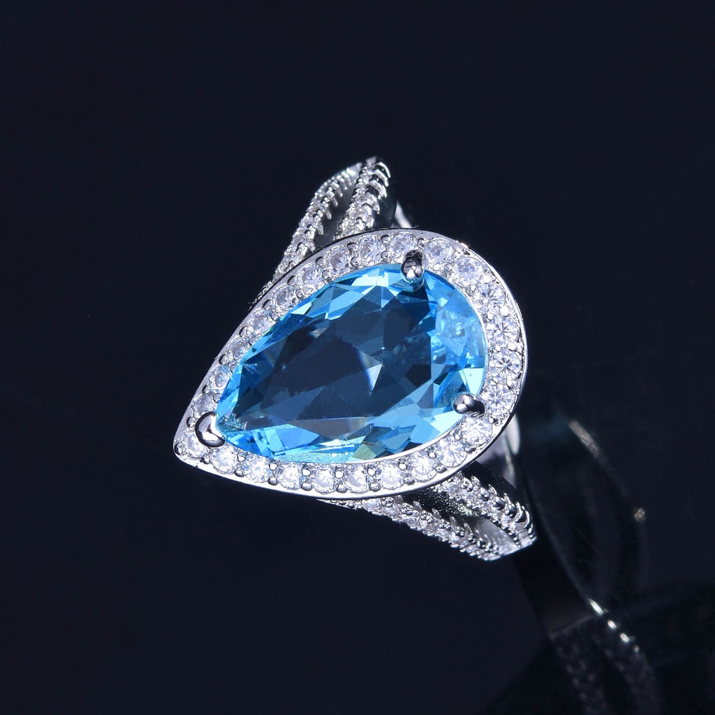 Goldkingdom Aksesoris Perhiasan Fashion Ready Stock Pertunangan Double Drop Pear-Berbentuk Santa Maria Aquamarine Ring