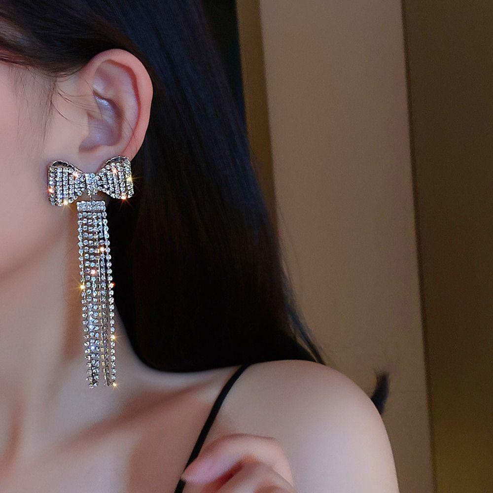 Mxbeauty Wanita Drop Anting Elegan Pesona Indah Panjang Rumbai Gadis Hadiah Busur-Simpul Berlian Imitasi Temperamen Gaya Korea Menjuntai Anting-Anting