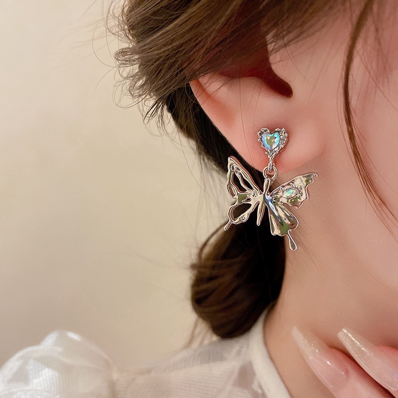 Anting Tusuk Butterfly Hati Bahan Alloy Kristal Korea Untuk Anak Perempuan