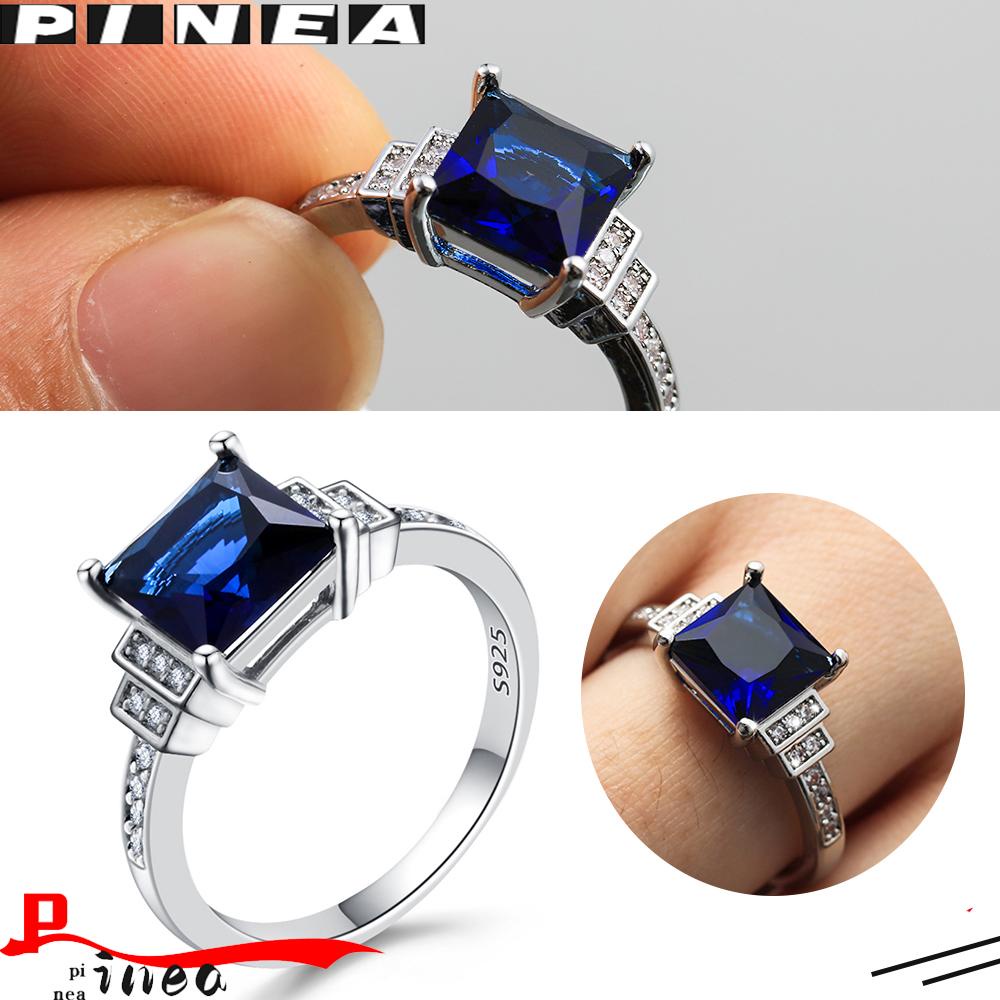 Cincin Zircon Nanas Wanita Berlapis Patinum Biru Ukuran 6-10 Perhiasan