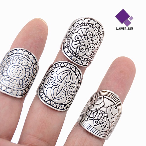 &lt; Naiveblues &gt; New Bohemian Vintage Ukir Totem Etnik Silver Plated Midi Set 4Pcs