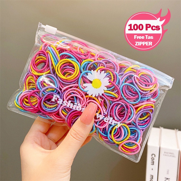 FREE POUCH isi 100 - Ikat Rambut / Karet Rambut Macaron Soft Colour / Kuncir Rambut Korea Warna Warni