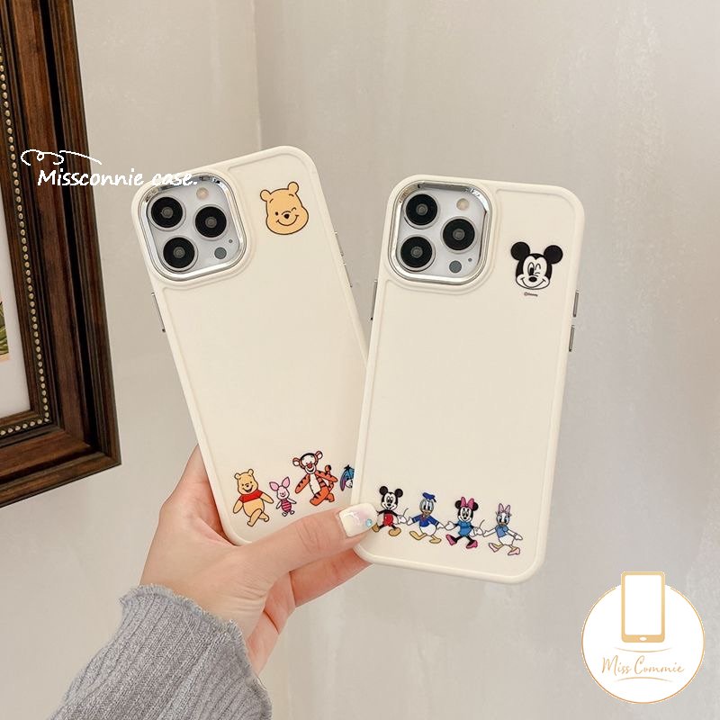 Caroon Disney Mickey Minnie Mouse Case Kompatibel Untuk IPhone 11 12 14 13 Pro MAX 7plus X XR 7 8 Plus XS MAX 8plus Cute Winnie The Pooh Bear Plating Metal Frame Lensa Soft Cover