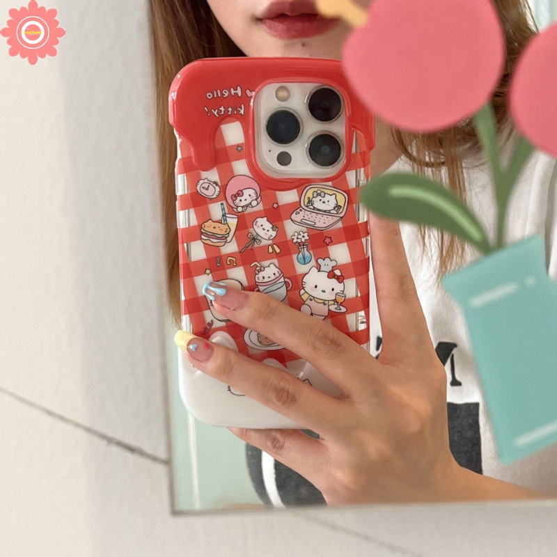 IPHONE 3d Ice Cream Cute Hello Kitty Cat Case Kompatibel Untuk Iphone7 8 Plus XR 14 11 12 13 Pro Max X XS Max SE 2020 7Plus 8Plus INS Korea Aesthetic Kartun Lembut Silicon Penutup Belakang