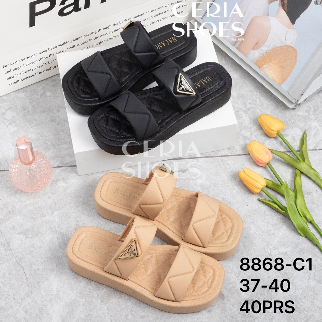 Sandal Slop Wedges Wanita Hak Karet Jelly Import Tinggi 4 Cm Double Strap BALANCE Golden Pin 8868