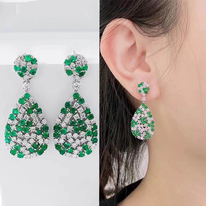 Goldkingdom Aksesoris Perhiasan Fashion Ready Stock Mewah Zirkon Hijau Elegan Emerald Anting Panjang Wanita