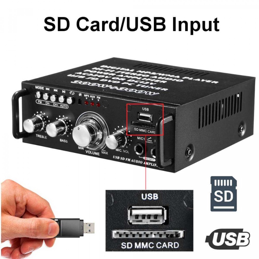 Audio Amplifier Stereo Hi-Fi Bluetooth EQ Karaoke FM Radio 600W Remot