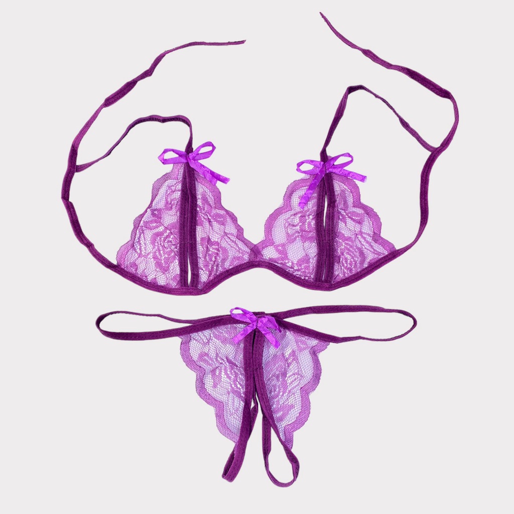 Lingerie Bra Set Renda Bunga Motif Pita Pakaian Dalam Wanita Korea Bahan Lace G-String Transparant Women Bra sexy-HC12777 UNGU