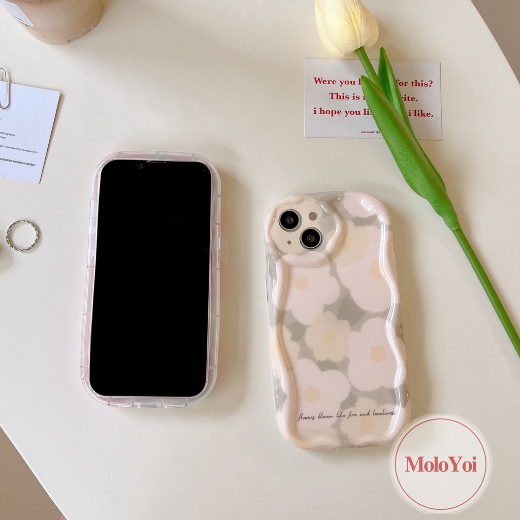 IPHONE 3d Wavy Curved Edge Shockproof Soft Glossy Back Case Kompatibel Untuk Iphone8-6 6s 7Plus XR XS X Max 7Plus 11 12 14 13 Pro Max SE 2020 Ins Spring Fresh Flower Cover